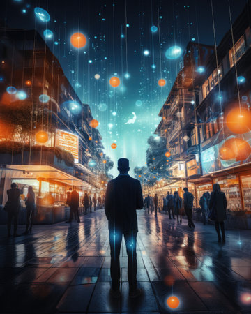 Businessman walking in city with glowing lights around him. Double exposureの素材