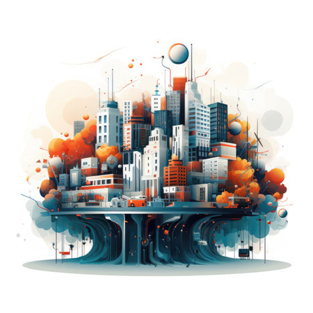 Vector illustration of urban landscape with buildings and roads. Urban cityscape.の素材