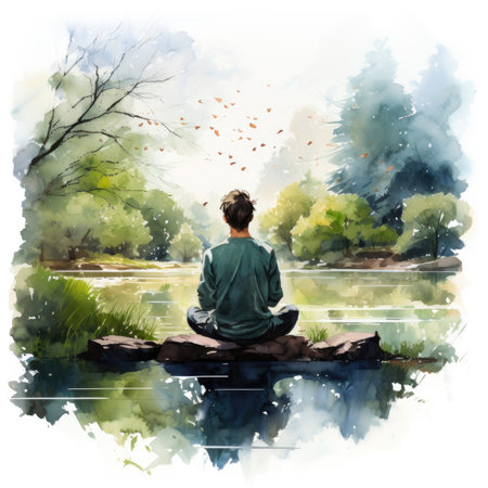 Watercolor Young man meditating on a lake in the forest.の素材