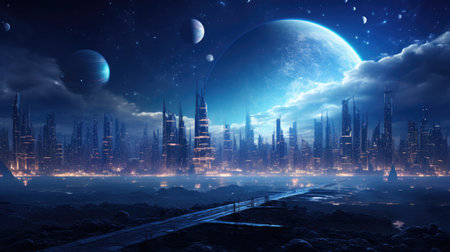 Futuristic cityscape with planet and moon.の素材