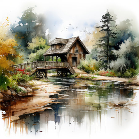 Watercolor wooden house on the bank of the river.の素材