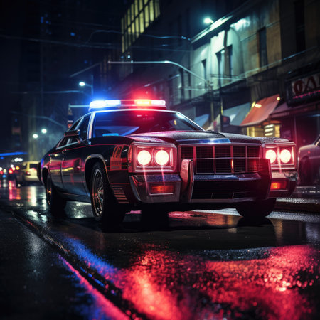 Police car on the street at night. Selective focus.の素材