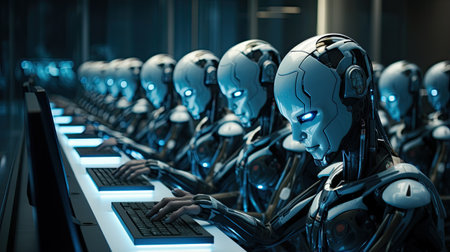 humanoid robot working with computer in a row of robotsの素材