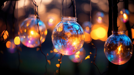 glowing christmas light bulbs on tree branches with blurred lights backgroundの素材