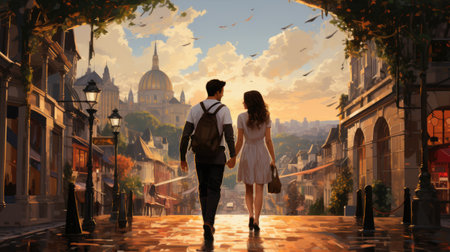 Romantic couple walking on the street in City at sunsetの素材