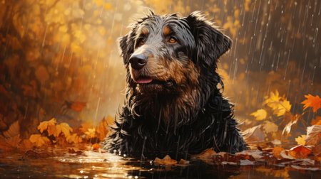 Portrait of a black dog in the rain on a background of autumn leavesの素材