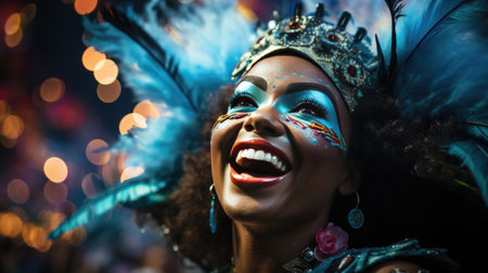 Close-up portrait of a beautiful young african american woman in carnival costume.の素材