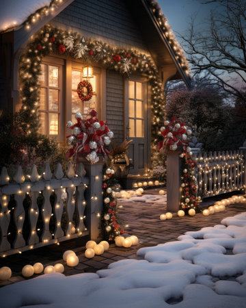 Christmas decorations on the porch of a house with garlands in the eveningの素材