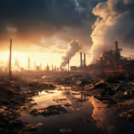 Industrial landscape with smokestacks at sunsetの素材