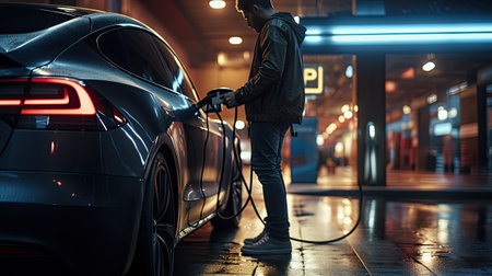 Car refueling. Side view of a man refueling his car at nightの素材
