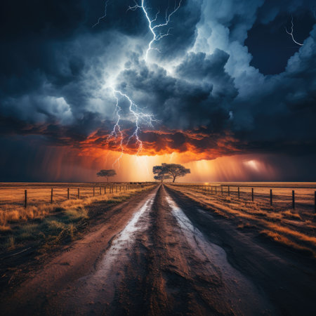 Stormy sky over rural road. Stormy weather.の素材