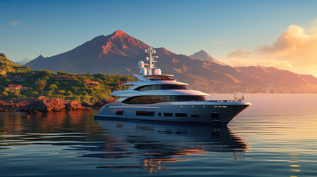 luxury yacht in the sea against the background of the mountain landscapeの素材
