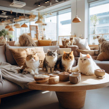 Cute cats sitting on the couch in a cozy cafe.の素材