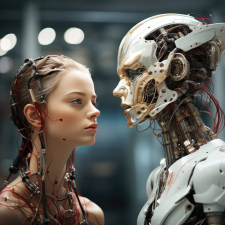Beautiful young woman with artificial intelligence robot. Innovation and technology concept.の素材