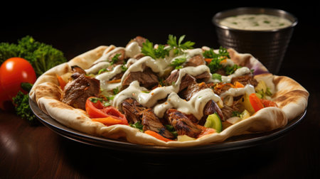 Turkish Doner Kebab with sauce and vegetables on wooden tableの素材