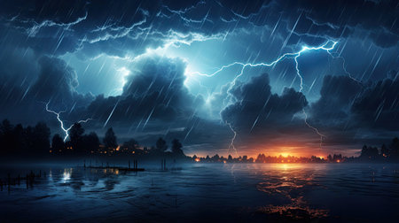 Lightning in the sky above the lake.の素材