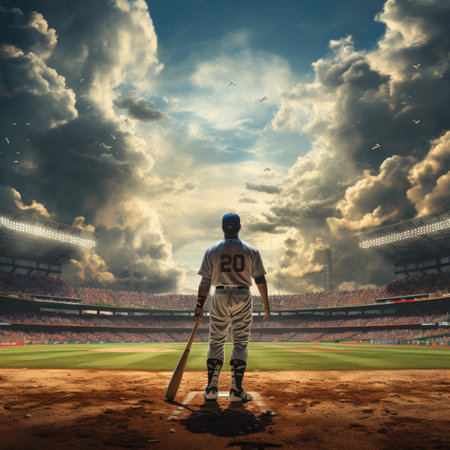 Baseball player in action on the baseball field with dramatic sky.の素材