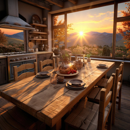 Wooden table and chairs in the kitchen at sunset.の素材