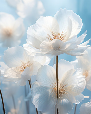 White poppies on blue sky background. Floral background.の素材