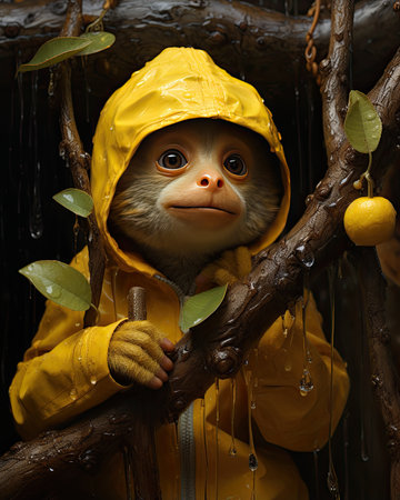 Little monkey in raincoat and yellow raincoat with lemons.の素材