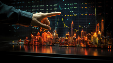 Close up of businessman hand pointing at city model and forex chartの素材