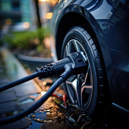 Electric car charging cable close up. Electrical cable plugged into electric car.の素材