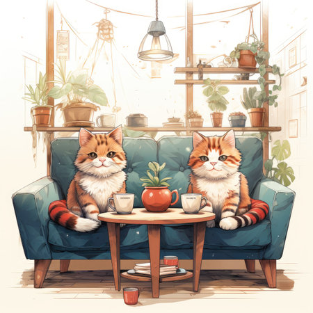 Two cats sit on a blue sofa in a cafe.の素材