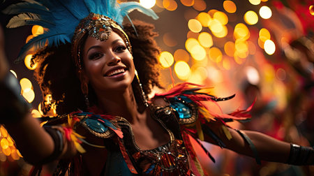 Portrait of a beautiful young woman wearing a colorful costume at the carnivalの素材