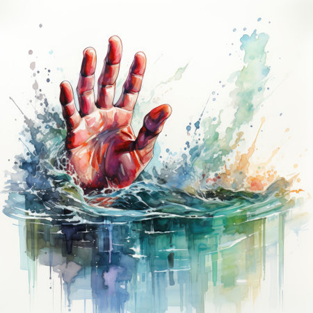 Watercolor illustration of a human hand in the water.の素材