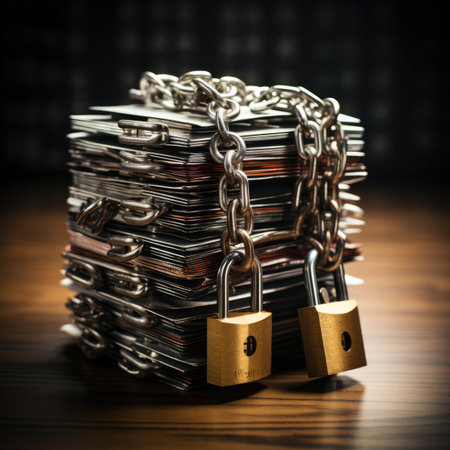 Pile of old books with padlock and chain on wooden tableの素材