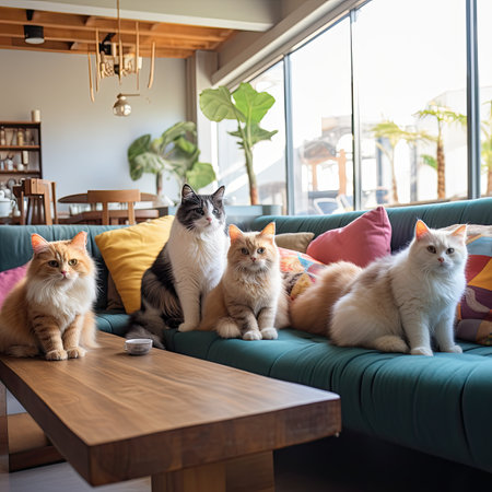 Group of cats sitting on sofa and drinking coffee in coffee shop.の素材
