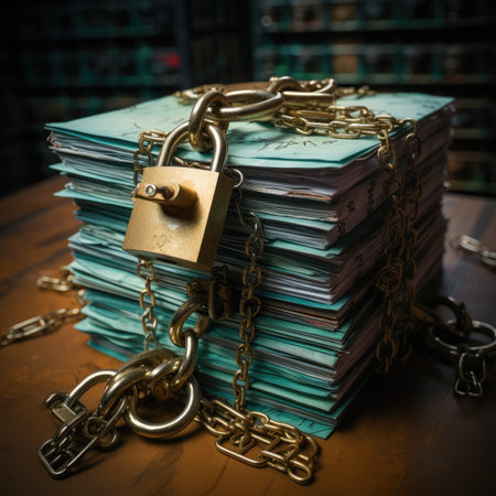 Pile of old books with lock and chain. Selective focus.の素材