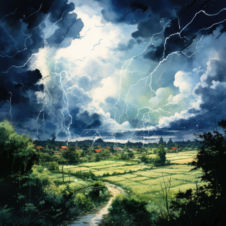 Storm over the rice fields in the countrysideの素材