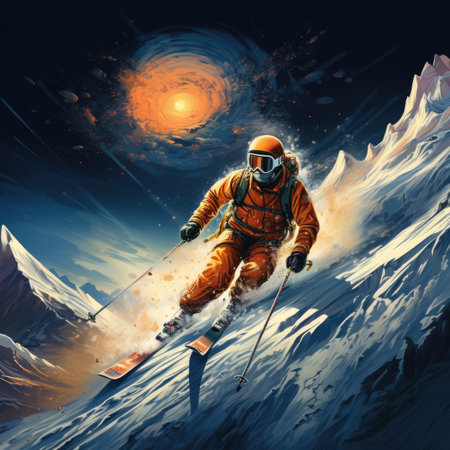 Skier on skis against the background of the sun and mountainsの素材