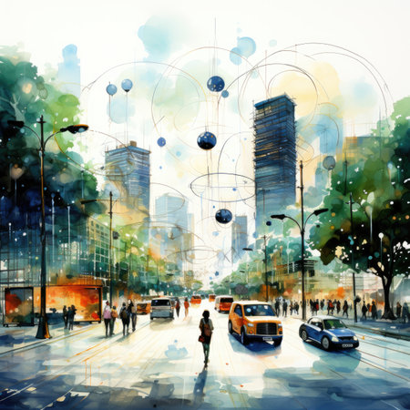 WatercolorModern cityscape with people walking in the street.の素材