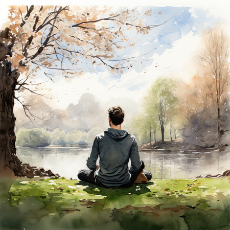 Young man sitting on the bank of the river in the autumn park.の素材