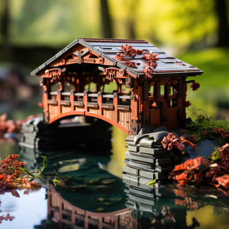 Wooden toy house with red leaves on the water surface.の素材