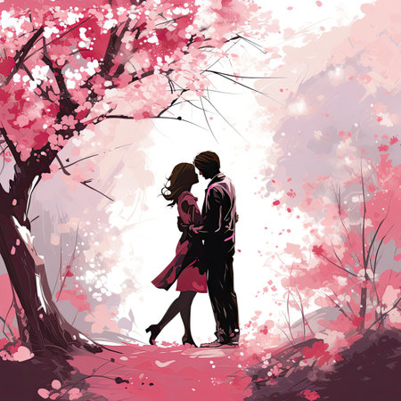 Couple in love kissing under the cherry blossom tree.の素材