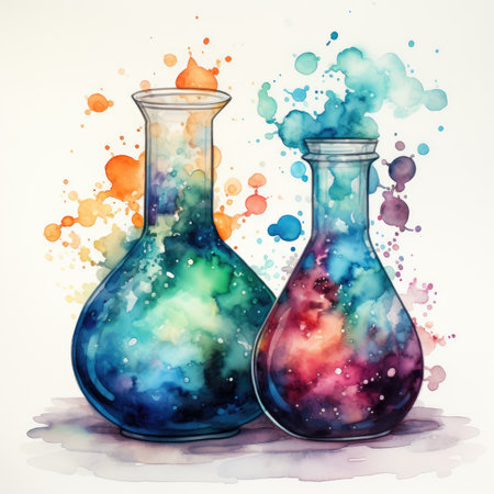 Colorful watercolor paint splashes in glass laboratory flasksの素材