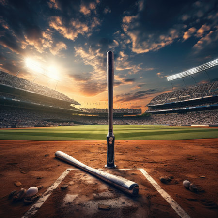 Baseball bat and ball on the field at sunset.の素材