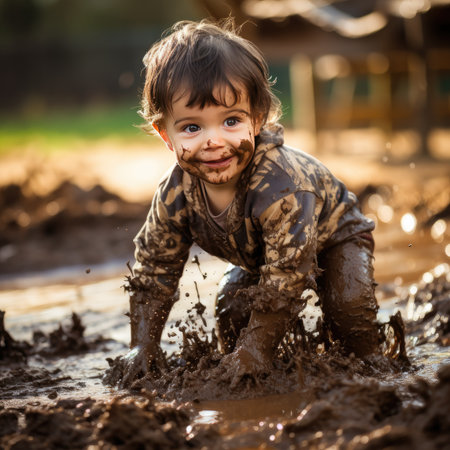 Cute little boy playing in muddy puddles on a sunny dayの素材