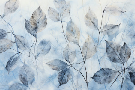 Watercolor leaves on a blue background.の素材