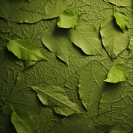 Green leaves on a wooden background. Flat lay, top view.の素材