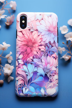 Smartphone with floral pattern on a blue background.の素材