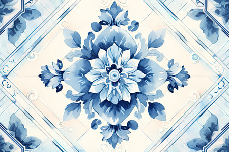 Vintage ceramic tile background in blue and white colors, close upの素材