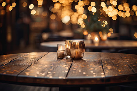 Two glasses of whiskey on a wooden table in a restaurant, bokeh backgroundの素材