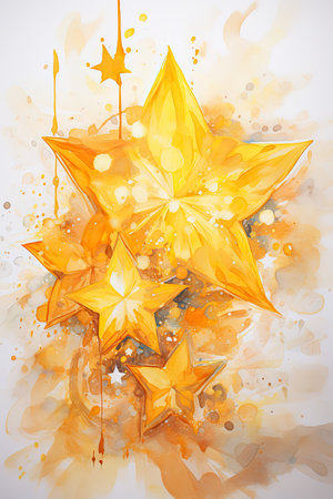 Abstract watercolor background with golden stars.の素材