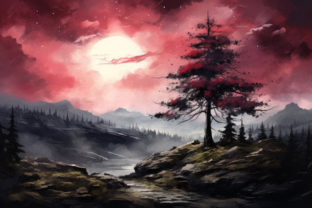 a pine tree in the mountains against the backdrop of a red sunsetの素材