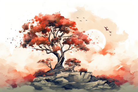 Watercolor lonely tree on a rock against the background of the moonの素材