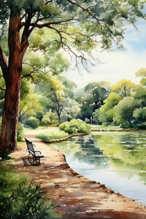 Watercolor bench in the park with trees and lakeの素材